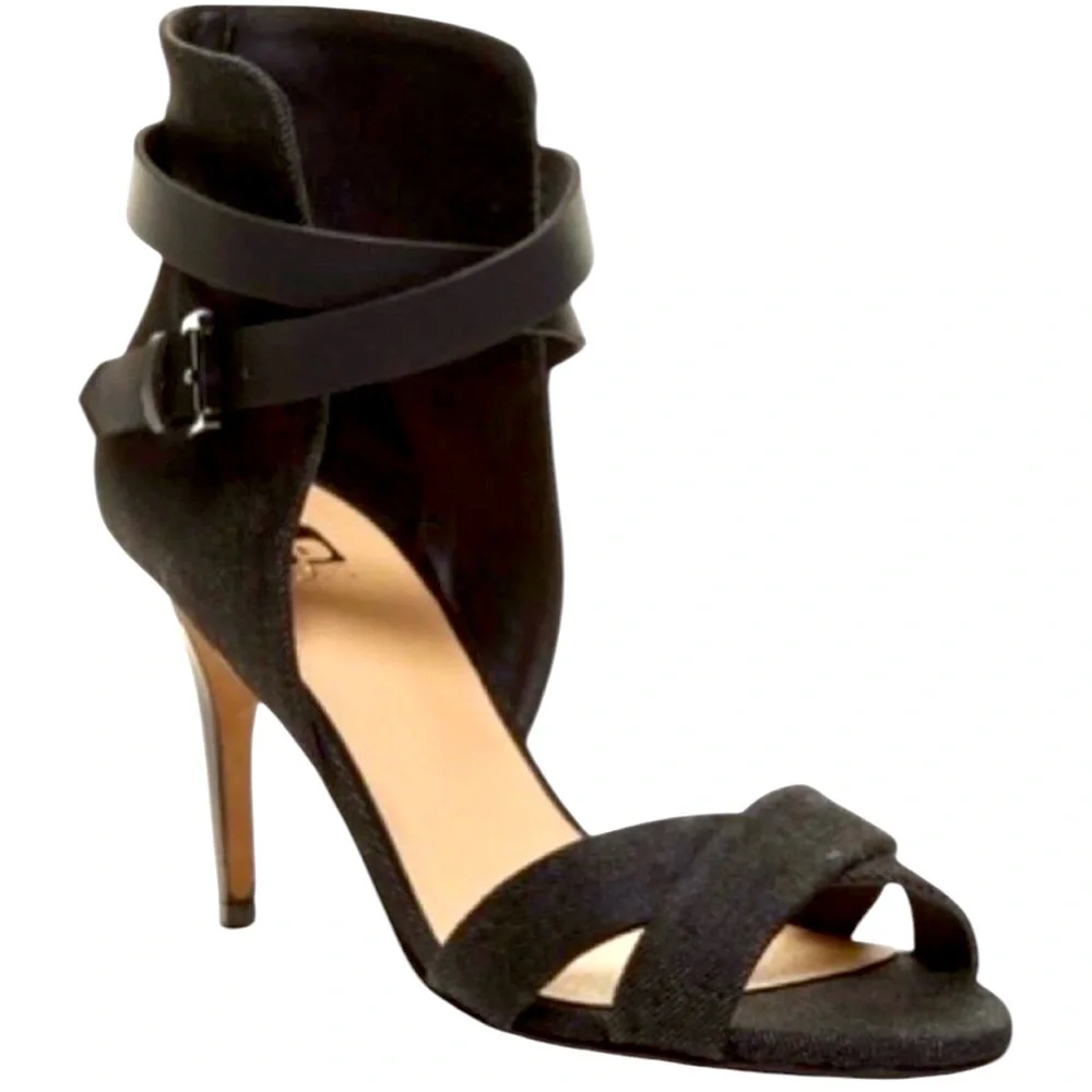 Joe's Jeans Marcy Black Denim Sandals Wrap Ankle Strap Closed Back Size 6.5